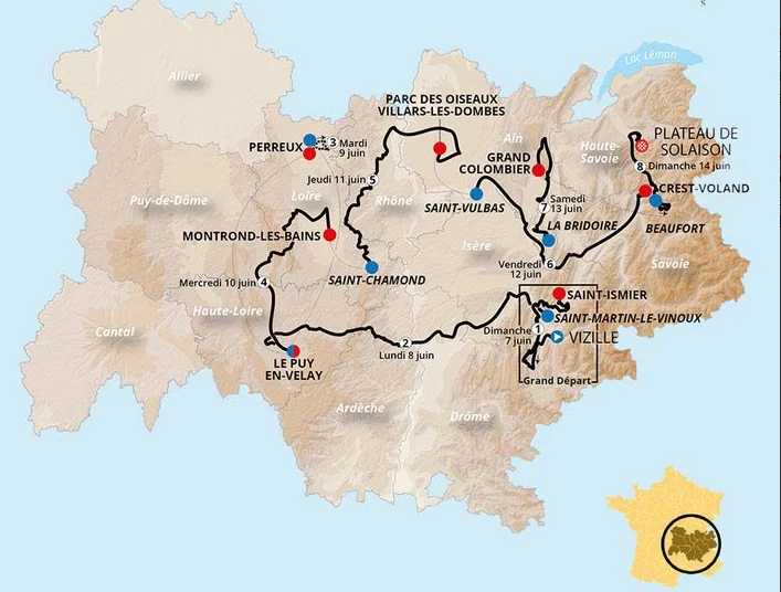 La carte du Tour Auvergne-Rhône-Alpes