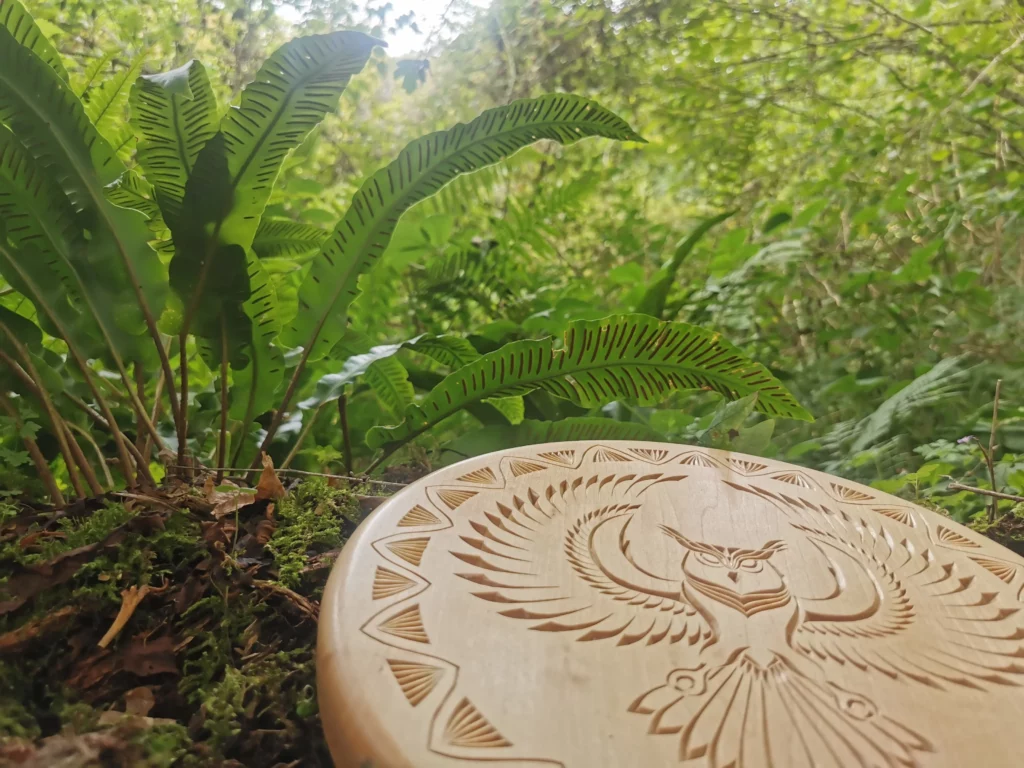 Le trophée du nouveau jeu de chasse au trésor en chartreuse représentant un grand duc emblème du parc de chartreuse, sur une pièce en bois, désormais enfouie dans la nature.
