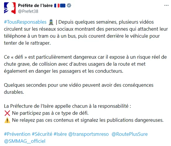 x twitter préfète de l'Isère Catherine Séguin danger tram téléphone