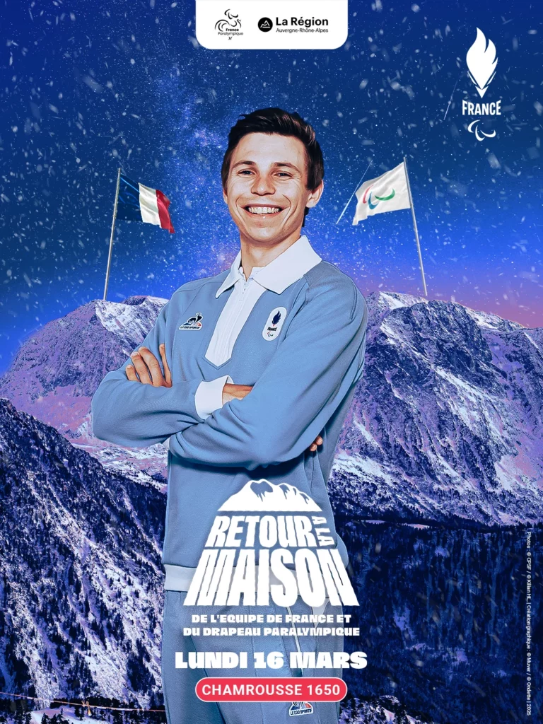 Arthur Bauchet, sur l'affiche de la cémébration du retour des athlètes paralympiques à Chamrousse