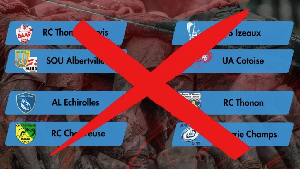 Un tableau des barrages de régionale 2 de rugby barré d'une croix rouge