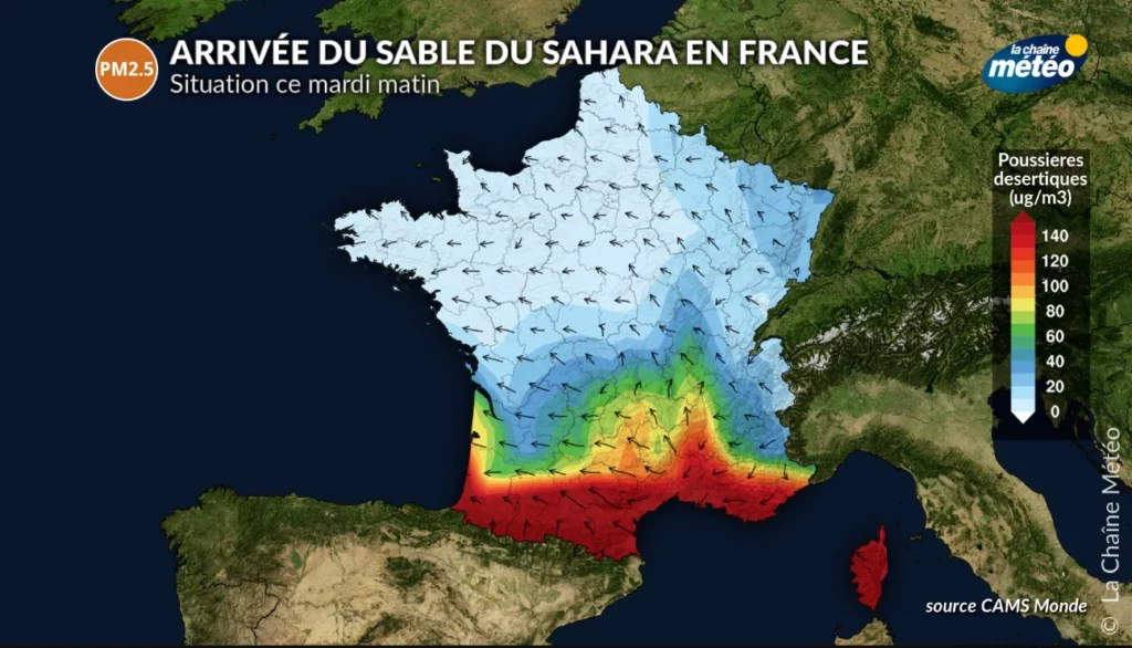 Carte de la Chaîne Météo sur l'arrivée du sable du Sahara