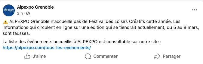 la page facebook d'Alpexpo se justifie 