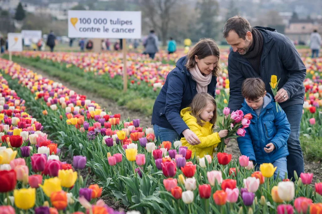 Une famille cueille des tulipes dans un champ de tulipes