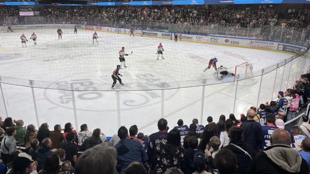 Les Brûleurs de Loups sur leur glace de Grenoble pendant un match avec du public autour