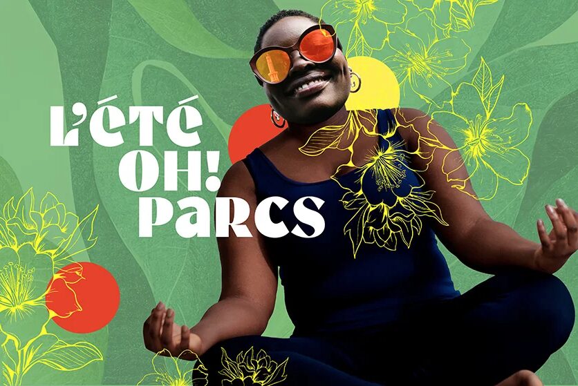 Le visuel de l'Eté Oh Parcs de la Ville de Grenoble, avec une personne faisant du yoga avec une infographie couleur verte