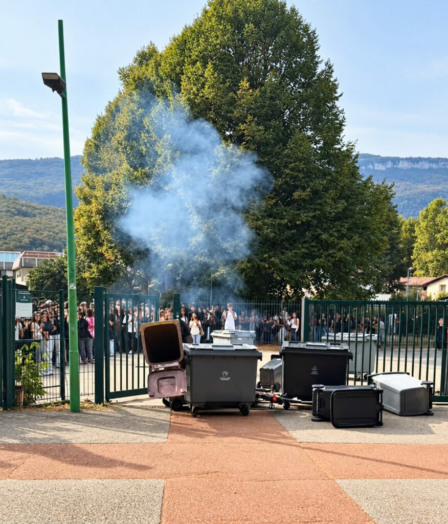 blocage lycée / Fumée devant une grille bondée